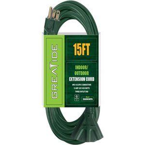15 Ft Outdoor Extension Cord with 3 Electrical Power Outlets - Green Cable